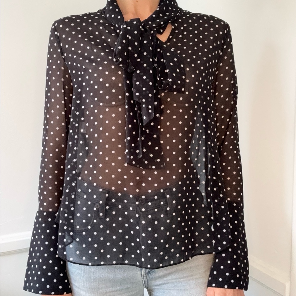 RACHEL By Rachel Roy Black Polka Dot Tie Sheer Blouse